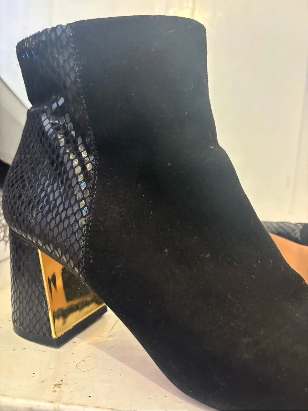 XOXO Women’s Black Suede & Snake-Texture Block Heel Ankle Boots
